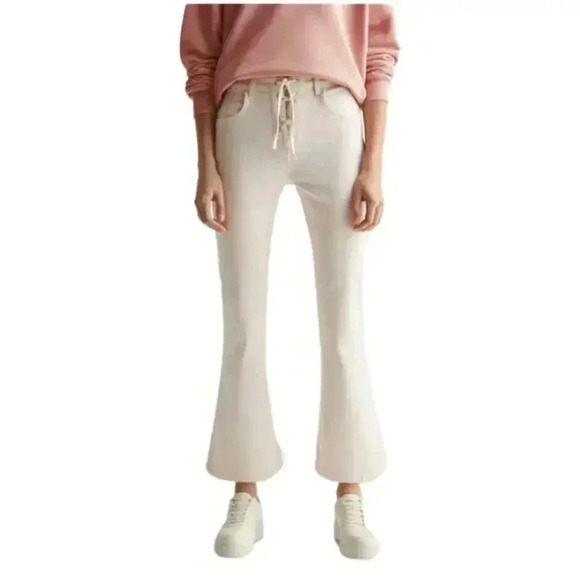 Mango Beige Lace Up Flare High Waist Jeans Tie Closure Denim Pants L NWT - Picture 1 of 5